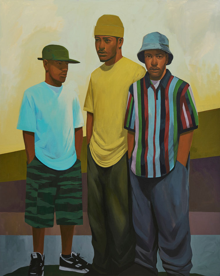 Dennis Brown's painting of three men all wearing hats
