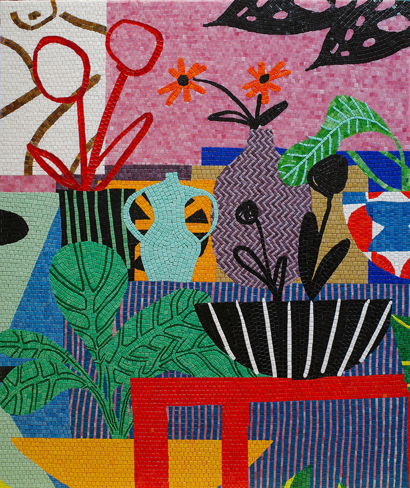 Mosaic still life of an interior with several potted plants and vases.