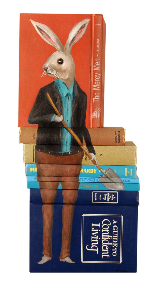Mike Stilkey painting of rabbit on books