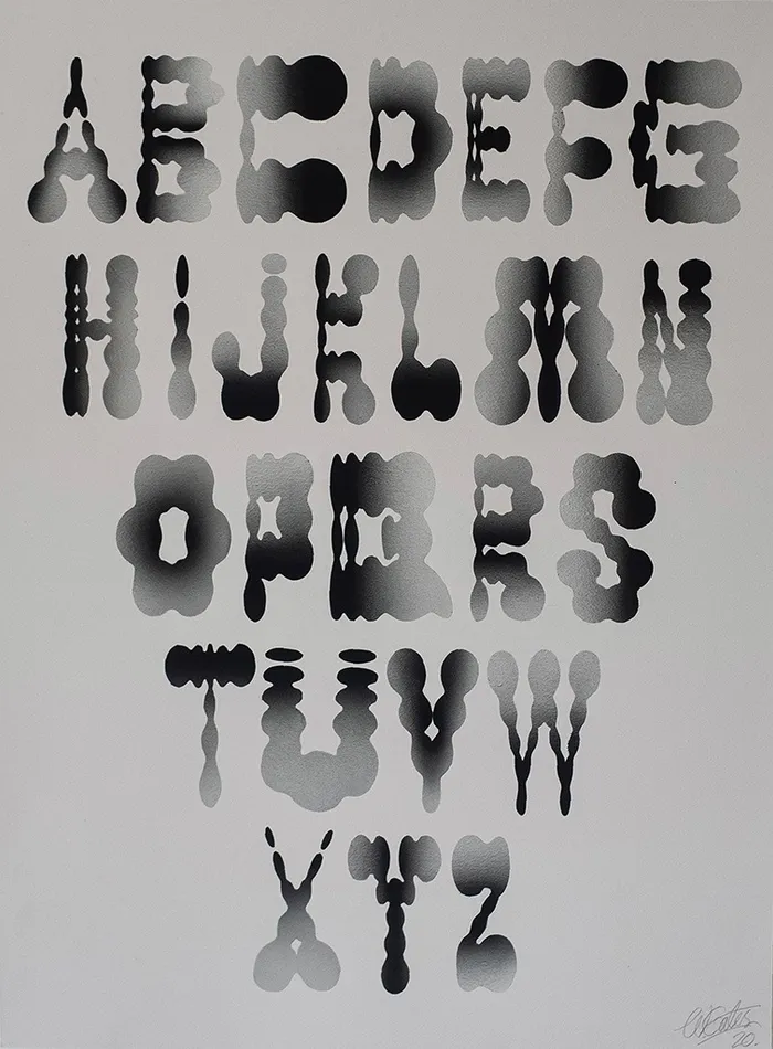Roids, alphabet on light gray paper