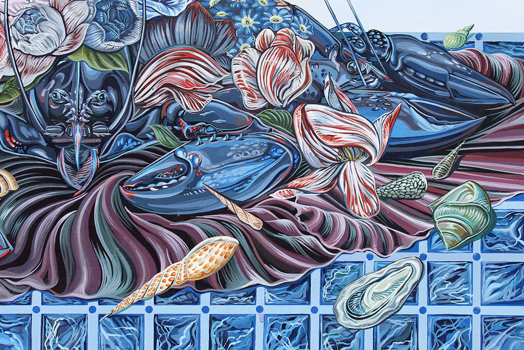 Detail of Sabrina Bockler painting of feast on table piled up - lobsters, florals, melons, etc