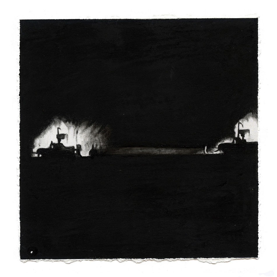 Joel Daniel Phillips Broken Plains drawing series of dark black charcoal with fire in distance