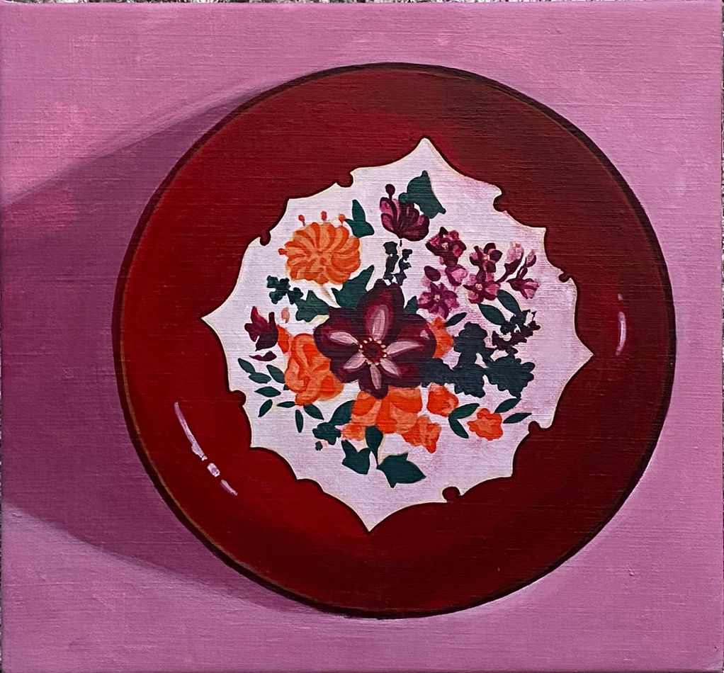 painting of a red plate with floral patterns on a pink background