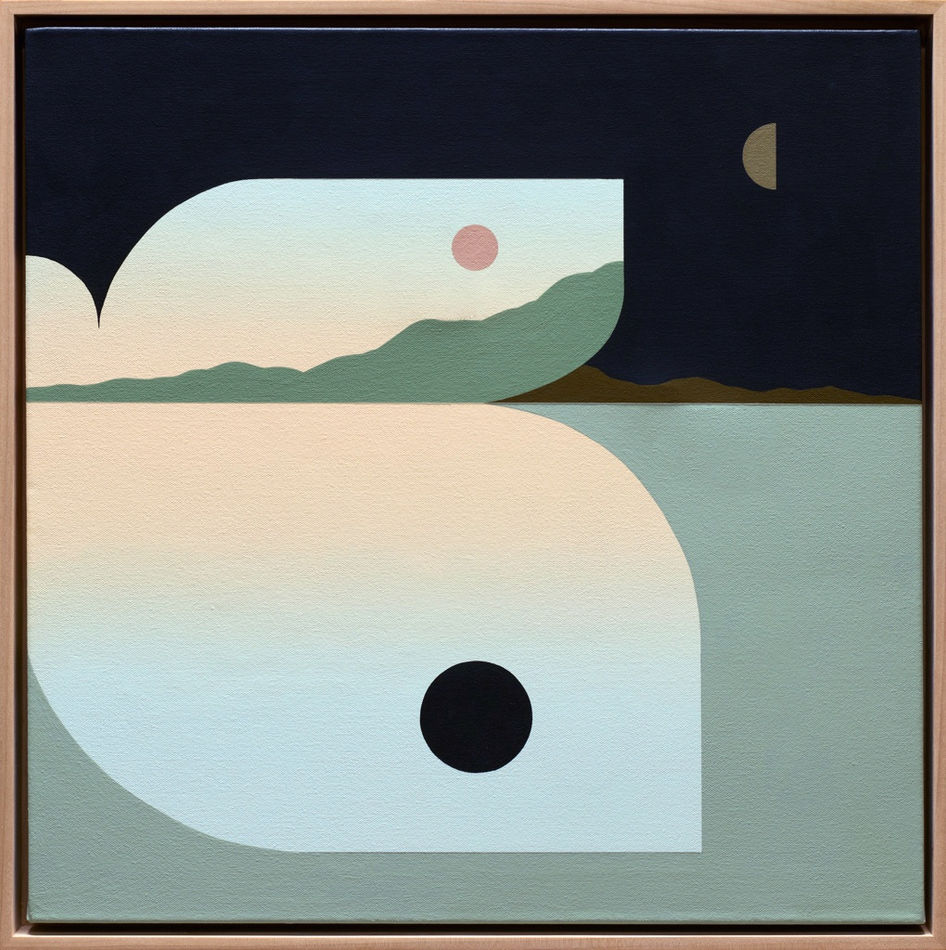 Painting by Madeleine Tonzi with a muted green, blue, and orange palette