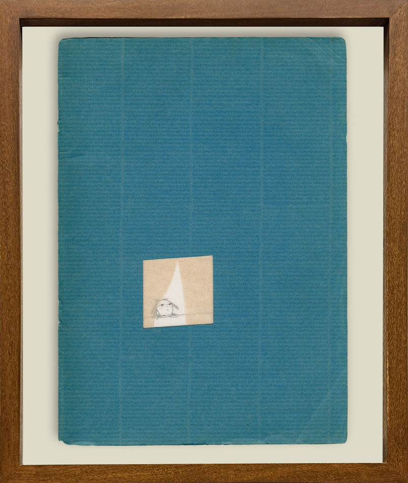 Framed blue paper with a white square on it with a little girl peeking out from a curtained window