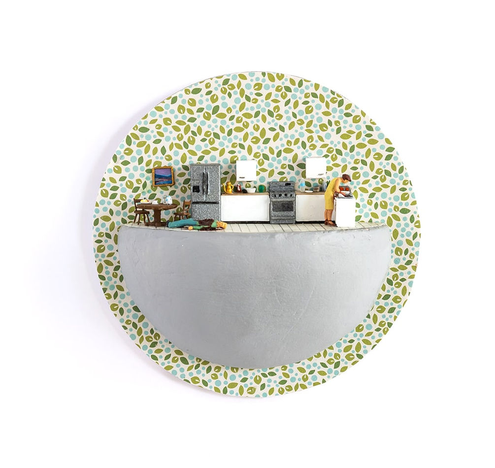 mini scene of a woman killing her husband in a kitchen