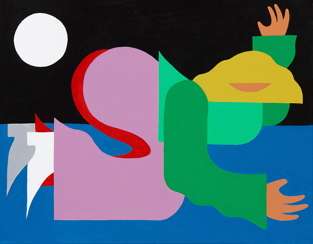 a painting of a figure knealing on the blue ground, her bum (clad in pink and red pants) in the air, right arm stretched out in front of her and left arm raised to the black sky behind her.