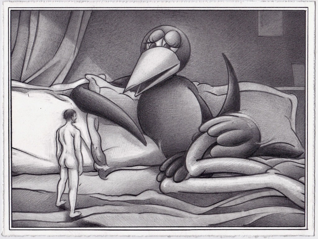 graphite drawing of a lady bird laying in bed with a small man standing in front of her