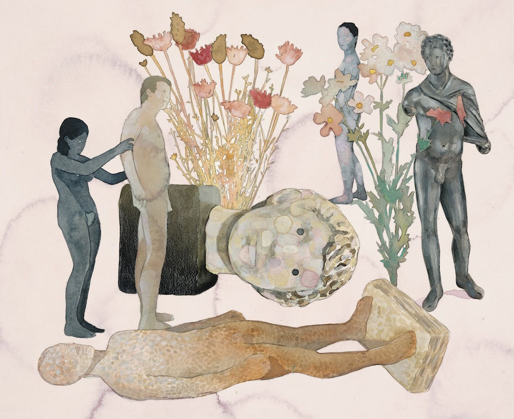 Painting on paper of stone statues, people, and flowers