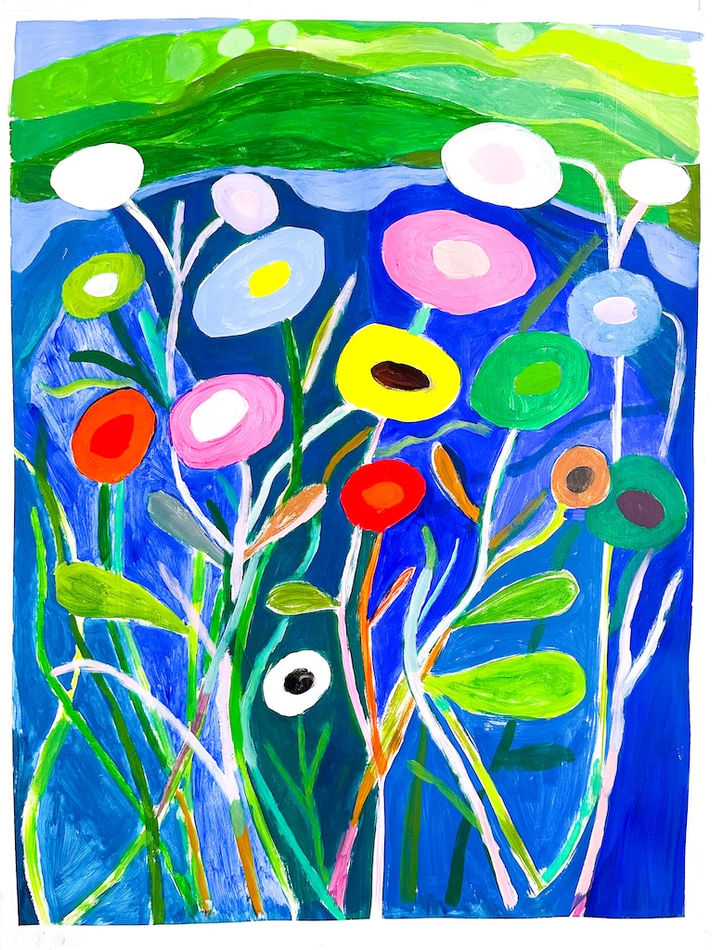 Painting of colorful flowers in front of a pond