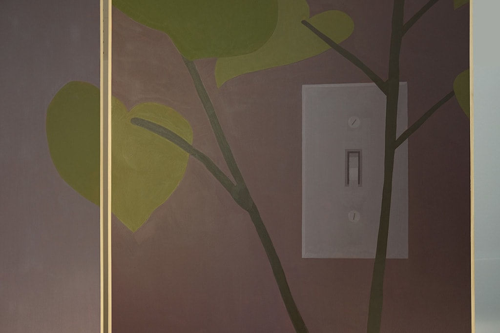 detail of a painting on a wooden room divider by artist Adrian Kay Wong depicting layered composition of an interior setting with two individuals sitting at a table, obscured by a partially opened door and door frame respectively