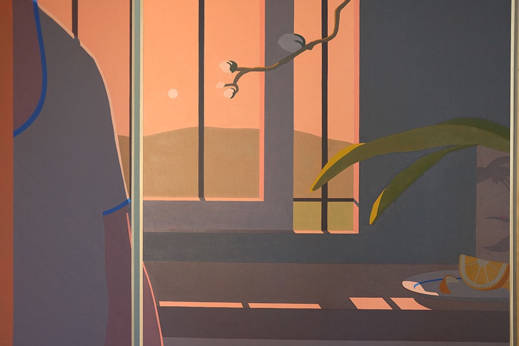 detail of a painting on a wooden room divider by artist Adrian Kay Wong depicting layered composition of an interior setting with two individuals sitting at a table, obscured by a partially opened door and door frame respectively