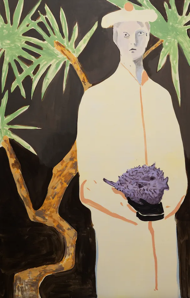 Painting of a woman holding a purple blowfish standing in front of a tree