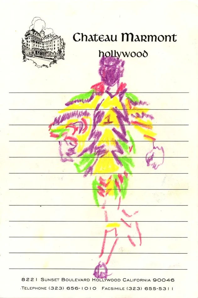 drawing by Michael McGregor of person in colorful fringe outfit on Chateau Marmont hotel stationary