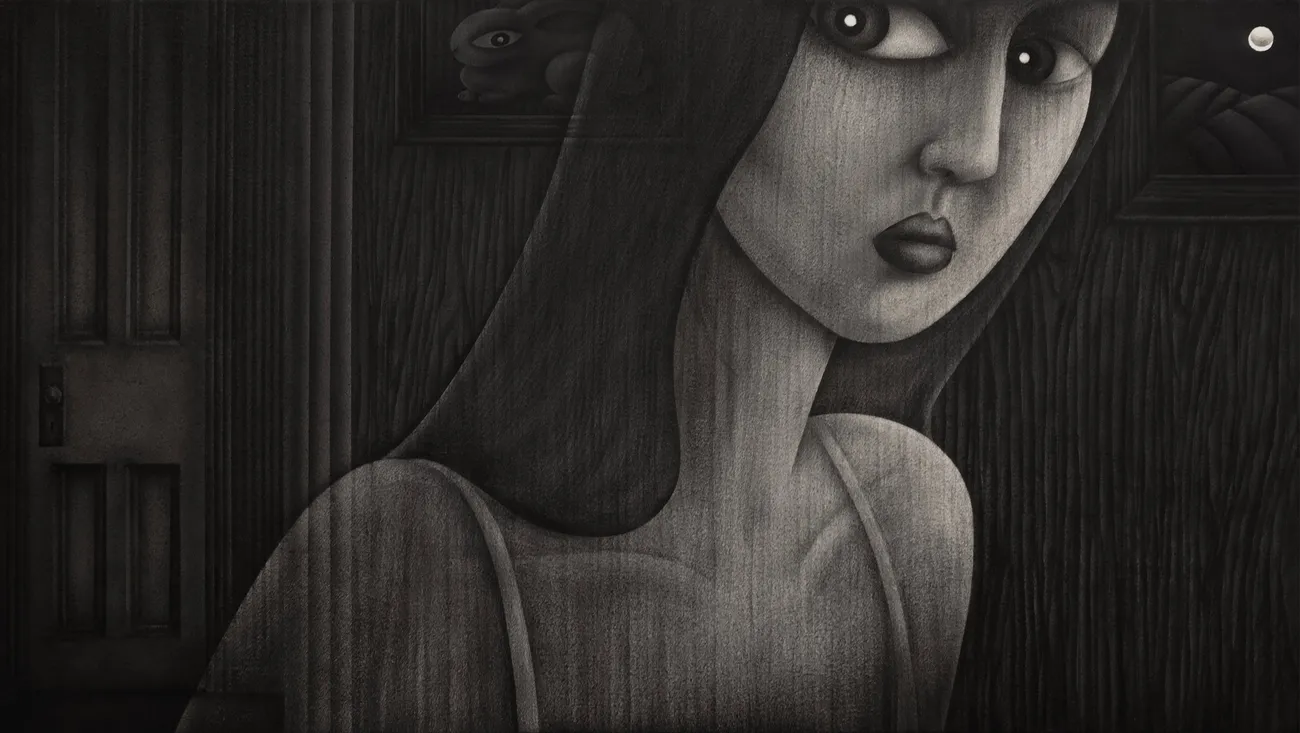 black and white close up painting of a girl in a hallway from her chest to the her eyes
