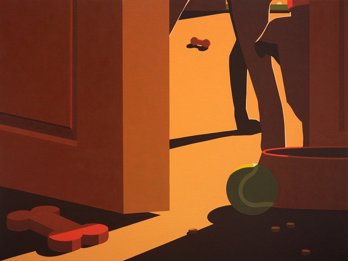 Adrian Kay Wong - warm tone oil painting of a dog behind the slightly open door