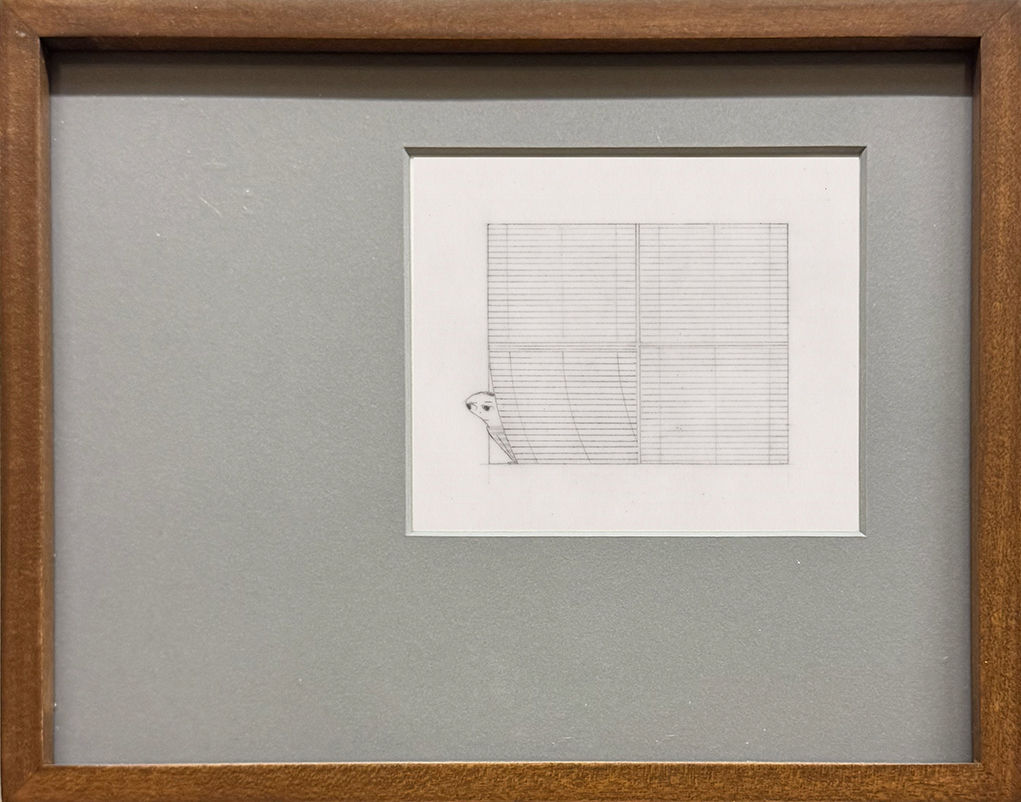 Framed drawing of a person peeking out from a window with blinds covering it