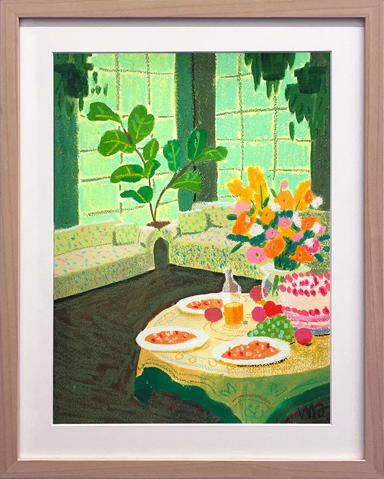 Pastel drawing of a tinted green room with couches and a table with food on it