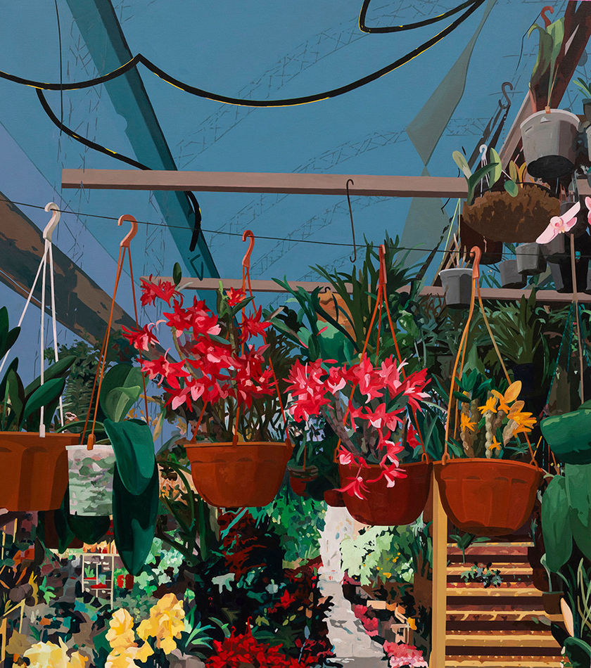 Painting of inside a green house with several hanging flowering plants on a line. Below the hanging plants are a ton of flowers and plants and some steps.