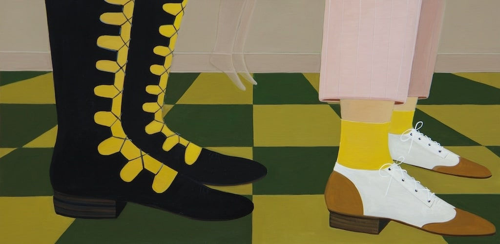 Angela Burson painting depicting two pairs of feet standing on a green and yellow checkerboard floor. Between them is a faintly visible pair of small floating feet.