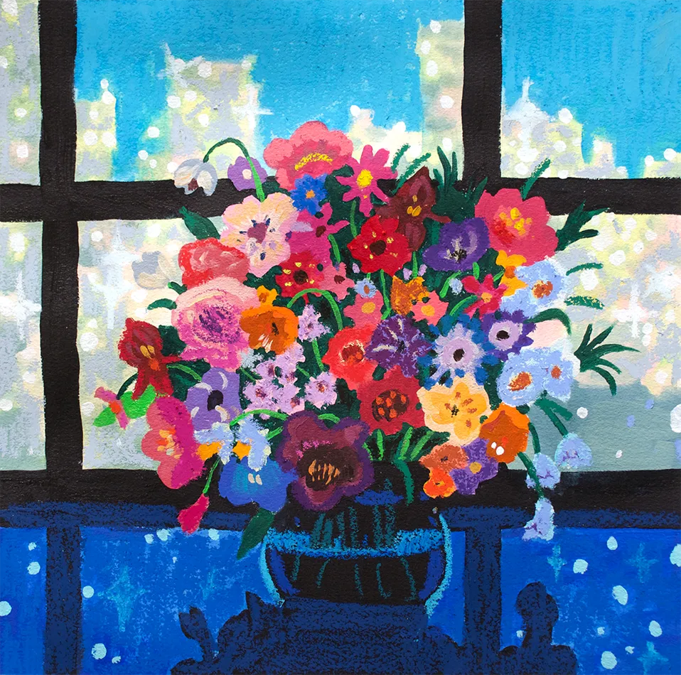 Pastel drawing of rainbow colored flowers in a vase in front of a window