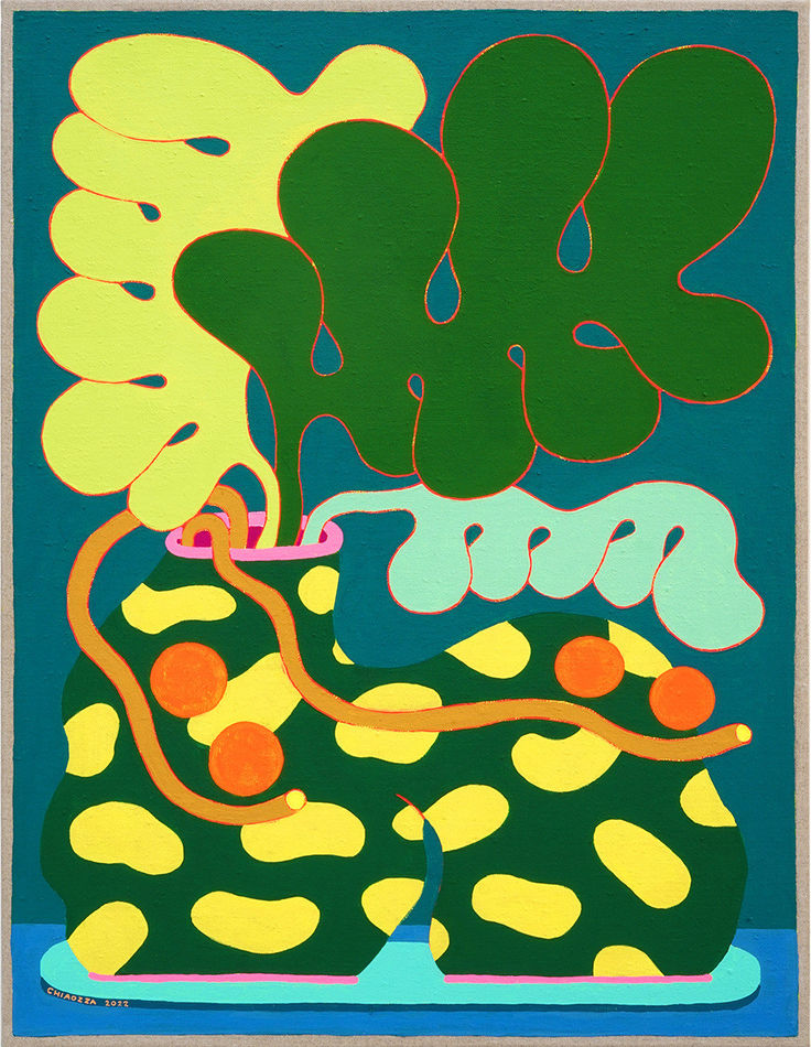 green and yellow painting of an alien-like bouquet in a vase