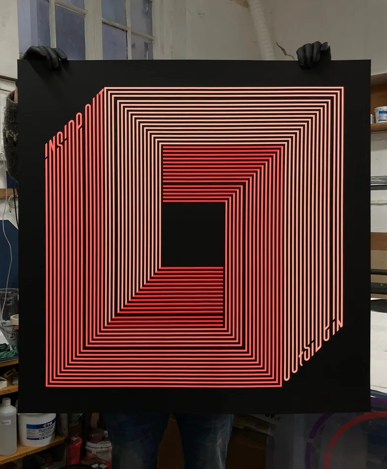 Gary Stranger, pink lettering spelling out 'inside out outside in' on black paper