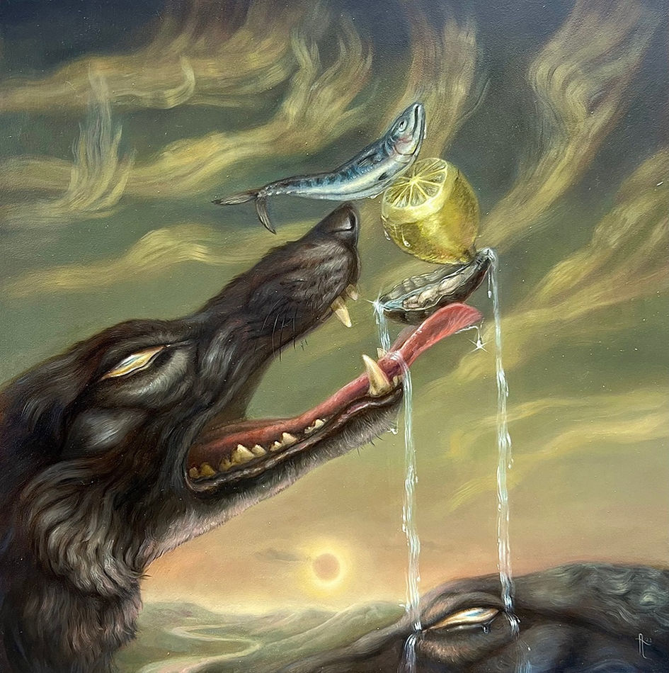 Painting of a dog with a fish stacked on top of a lemon and an oyster in its mouth