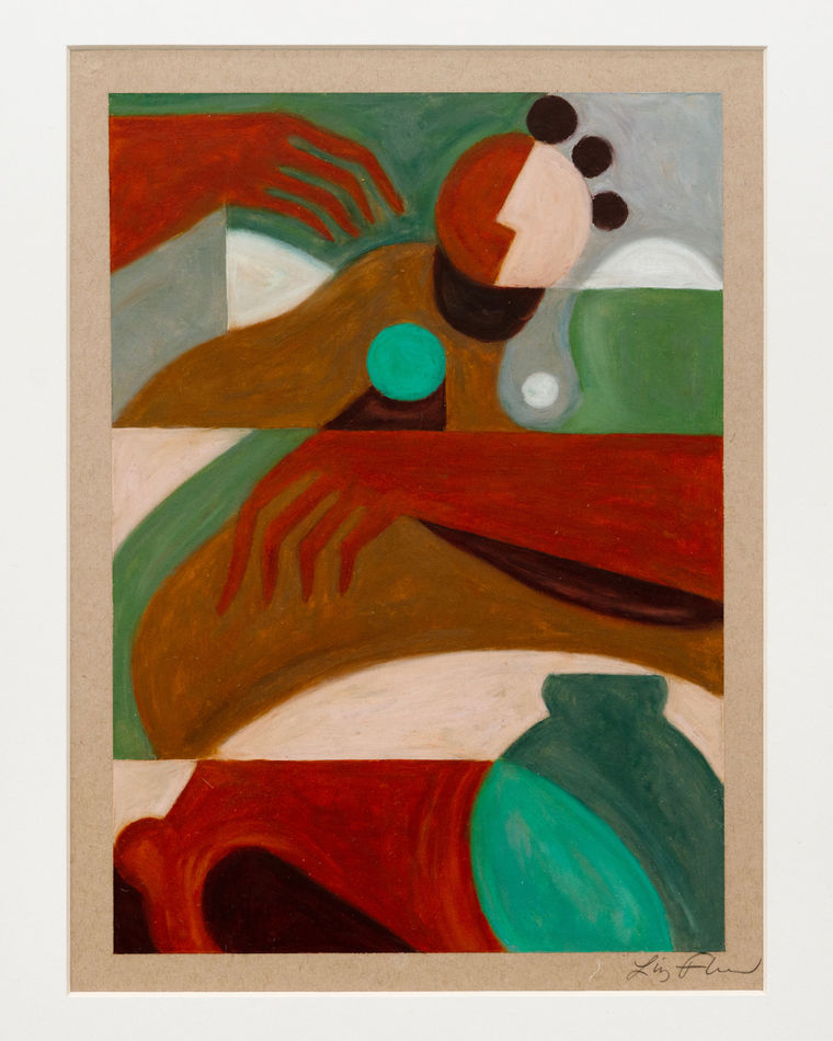 Abstracting painting of a woman holding a green vase