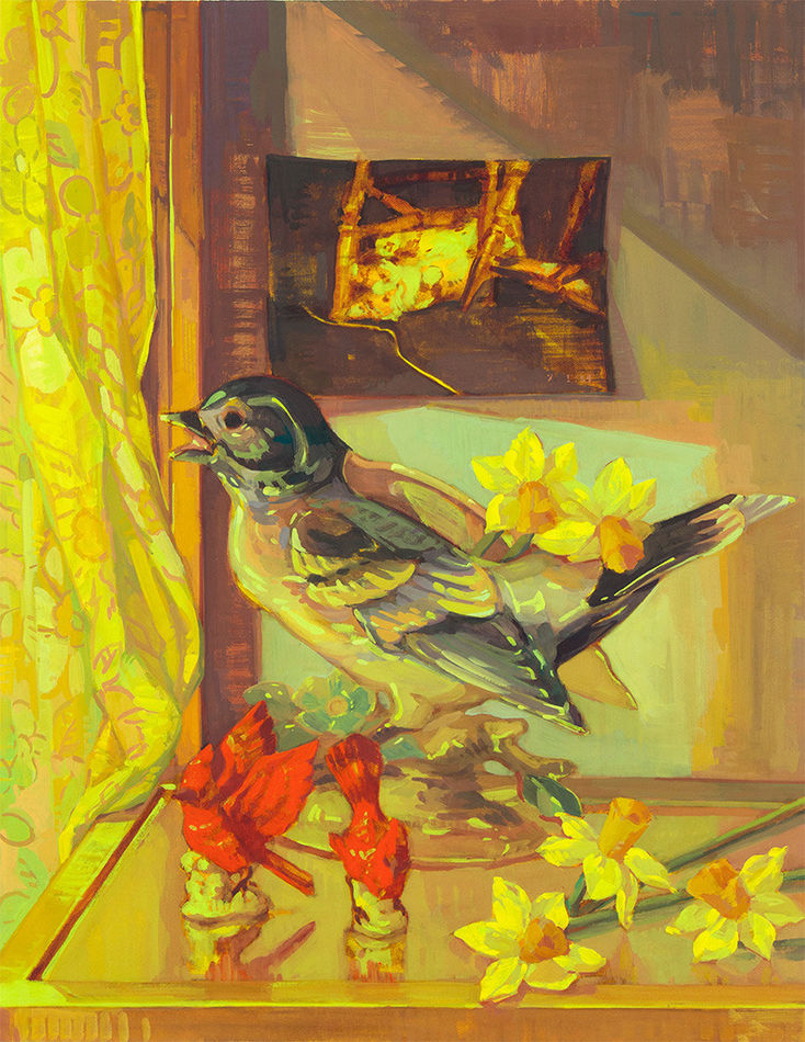 Still Life painting of a shelf with flowers and a bird