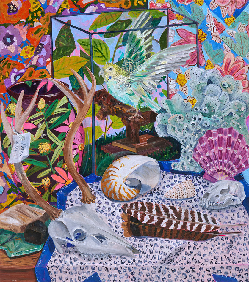 Anna Valdez painting of taxidermy parakeet, shells and florals