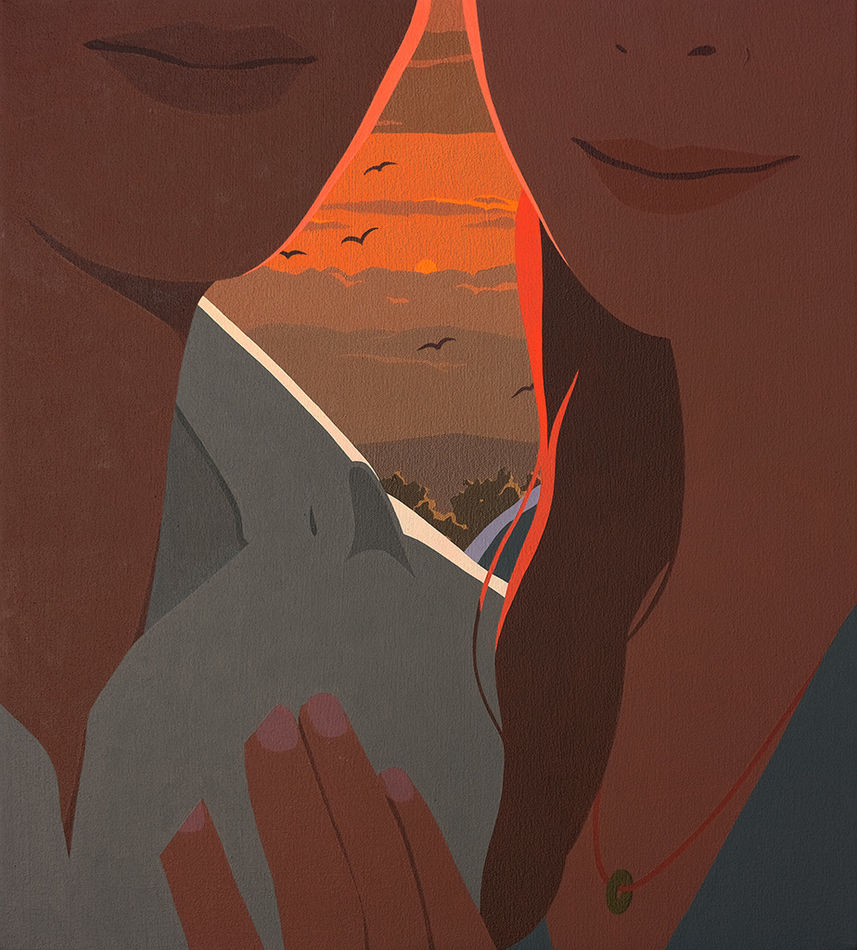painting by artist Adrian Kay Wong depicting a close up composition of a couple backlit during a sunset