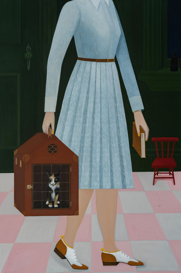 painting of a woman from the neck down, she is wearing a blue pleated dress and walking and holding a cage with a cat and a book with a pink checkered floor and green walls