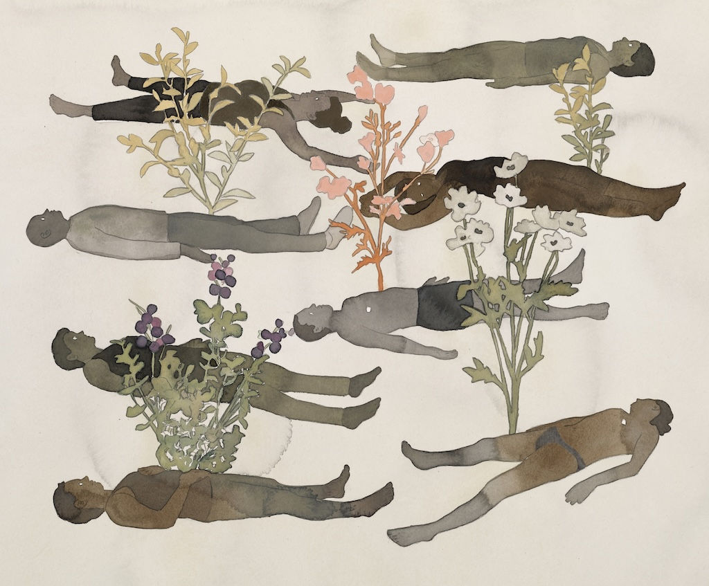 Painting on paper of 6 figures laying down with flowers blooming out of their bodies