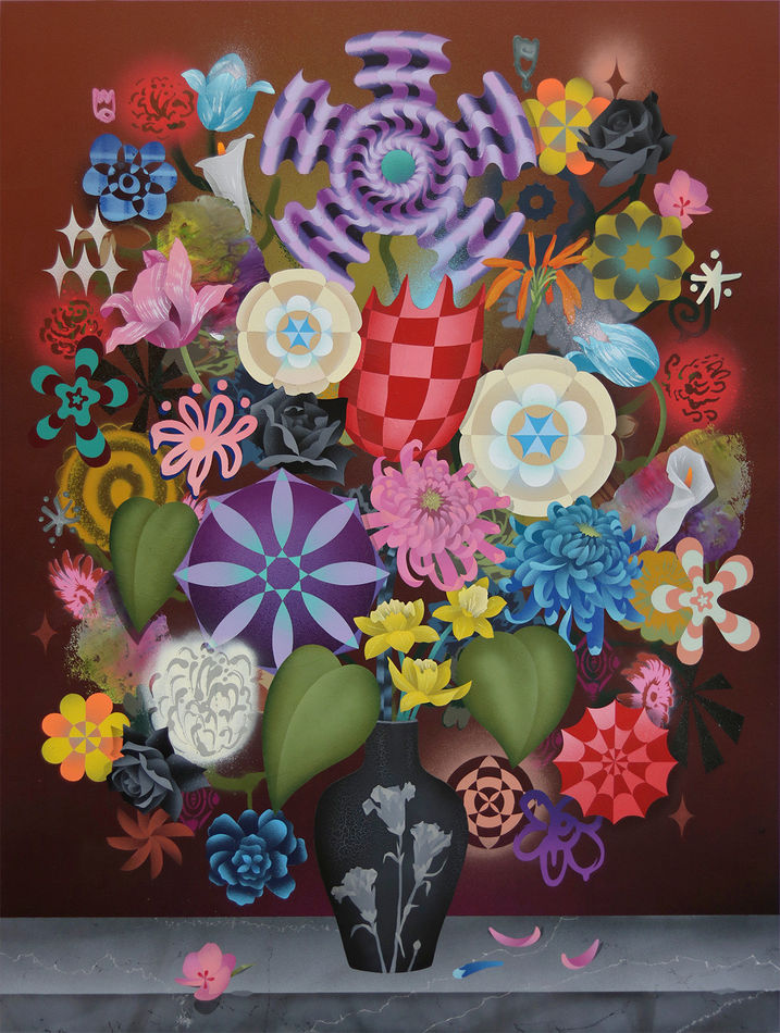 Casey Gray - Spray Painting of vibrant flowers in vase in front of black and red gradient background.