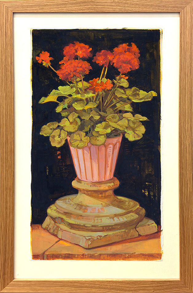 painting of a decorative pot with red leafy flowers