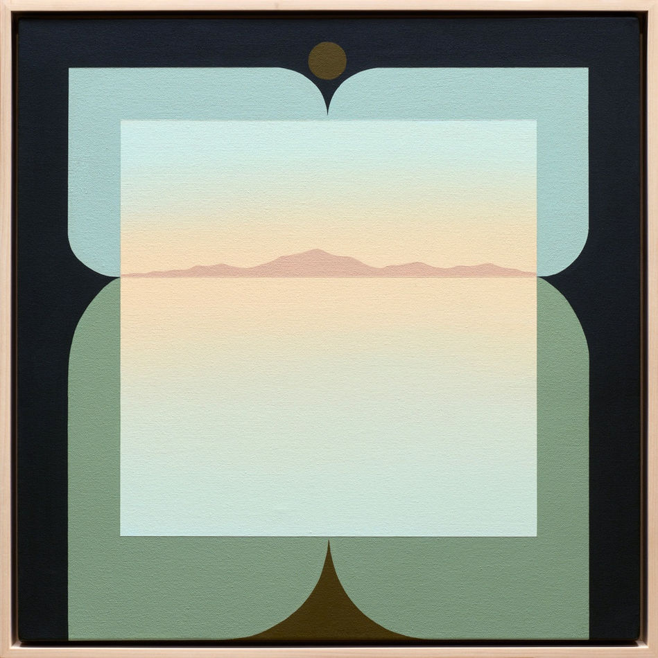 Painting by Madeleine Tonzi with a muted green,blue, and orange palette and black border