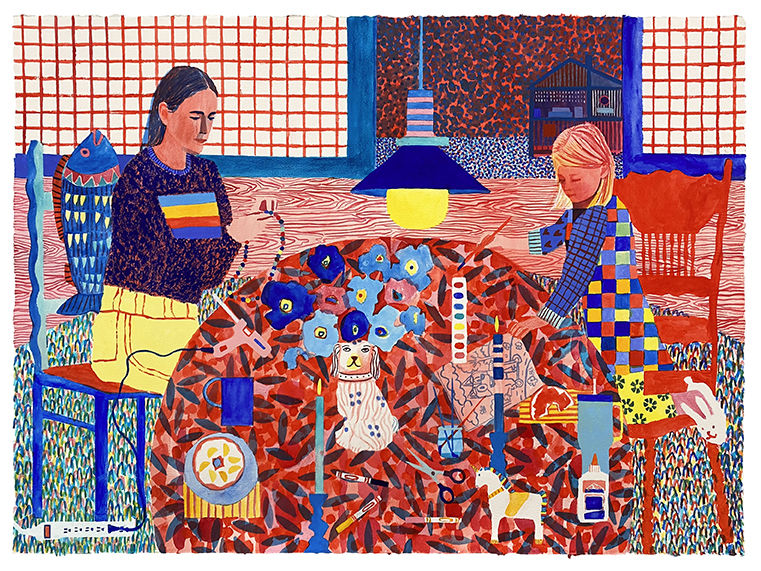 Red, blue, and yellow painting of two girls sitting at a table making crafts.