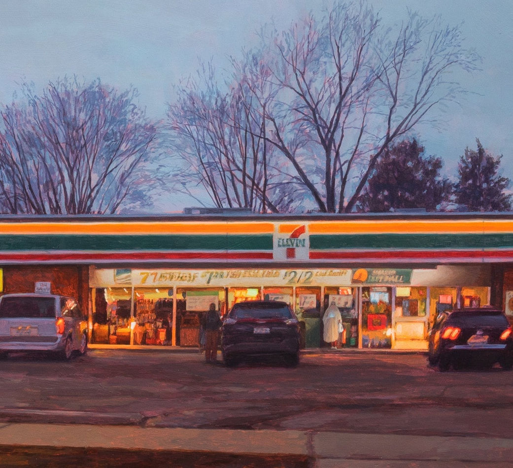 Painting of a 7/11 parking lot with three cars in the lot. There is a person going to the their car and another person dressed up as a ghost with a sheet over them