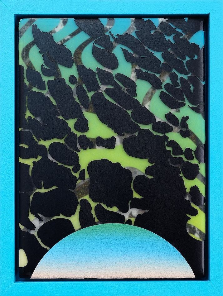 blue and green background with black splatter type pattern in foreground with blue half circle on the bottom in blue frame