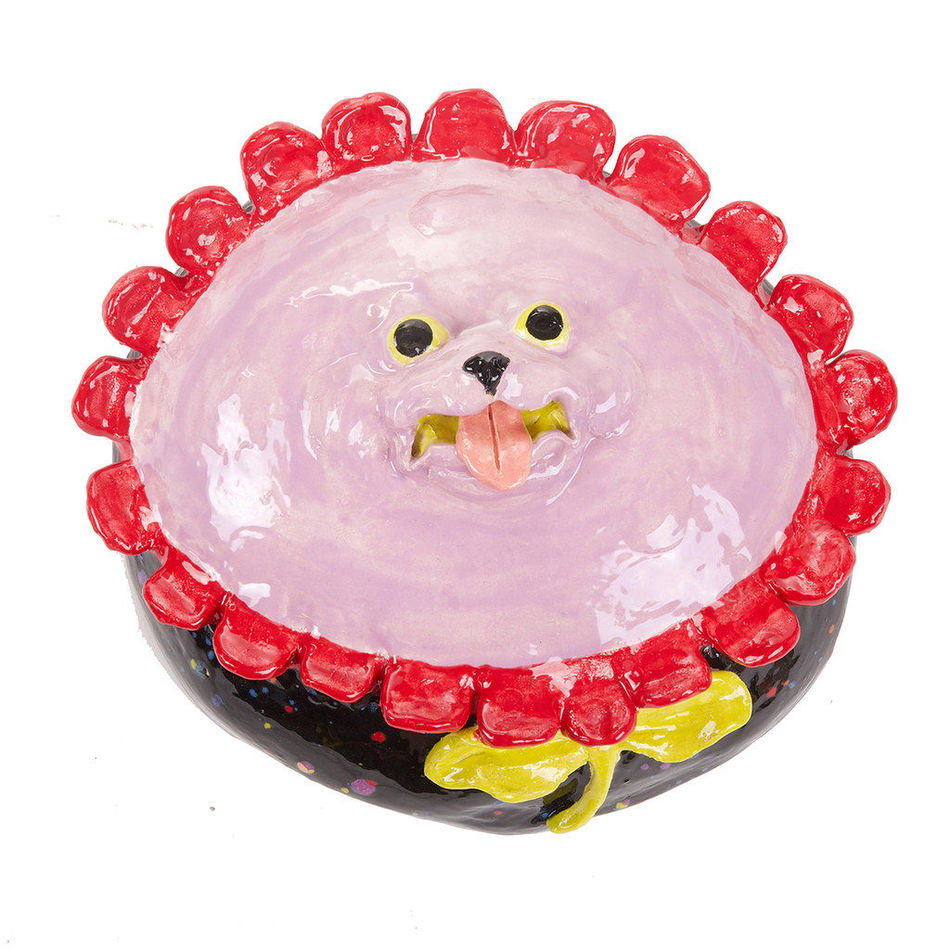 Katie Kimmel's ceramic sculpture of a blooming pink onion with a face