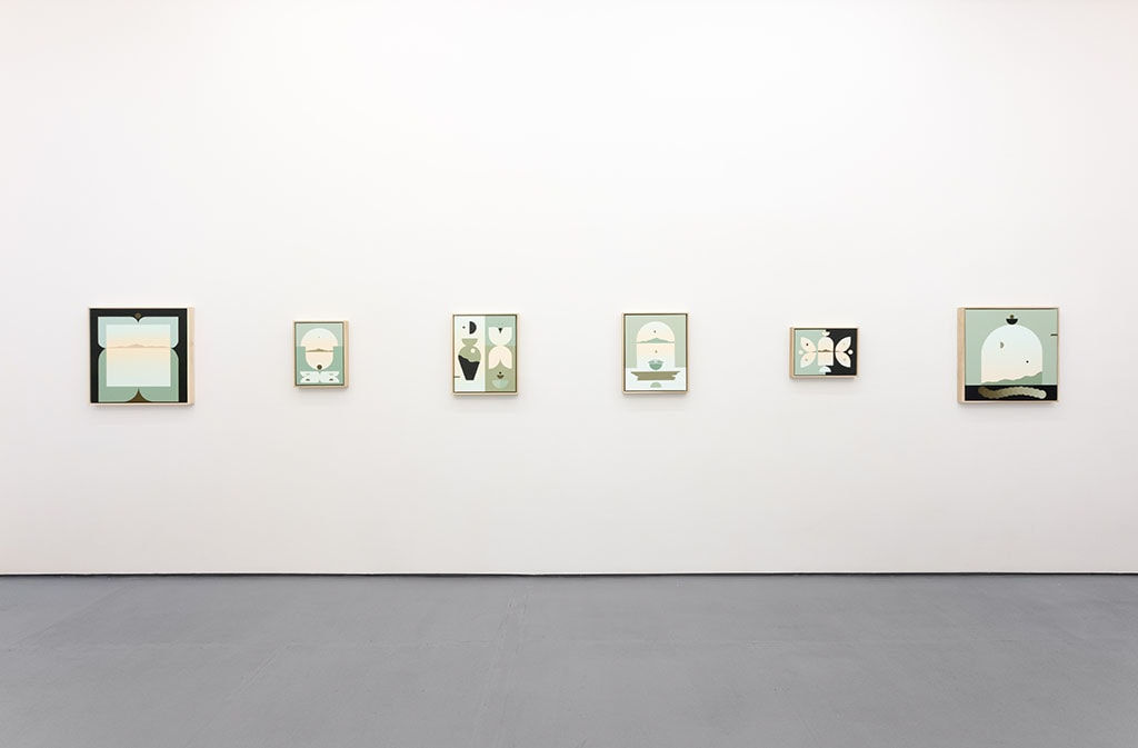 white gallery wall with blue, black, and yellow toned paintings hung evenly in a line