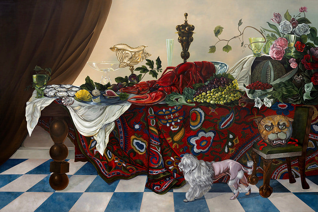 Painting of a lush still-life dinner scene featuring a large lobster and a small dog on a blue and white checkered floor by Sabrina Bockler