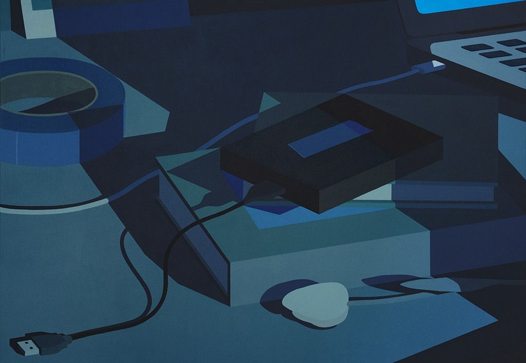 Still life painting of a desk in the dark. There is a laptop propped up on top of two books, blue masking tape, a computer hard drive and a tulip.