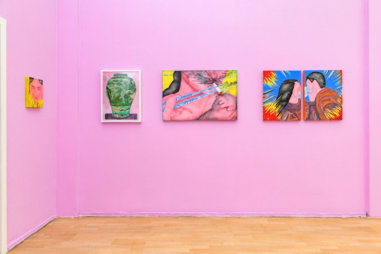 David Heo's piece on paper of a green vase with a pink and purple background