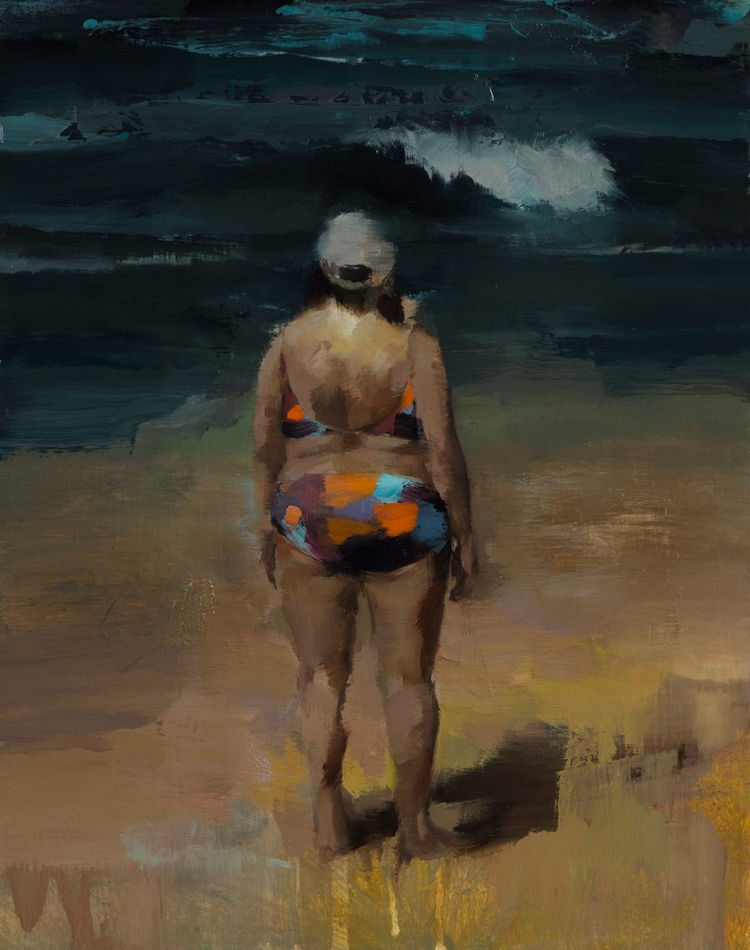 painting of a woman in a bathing suit facing the ocean