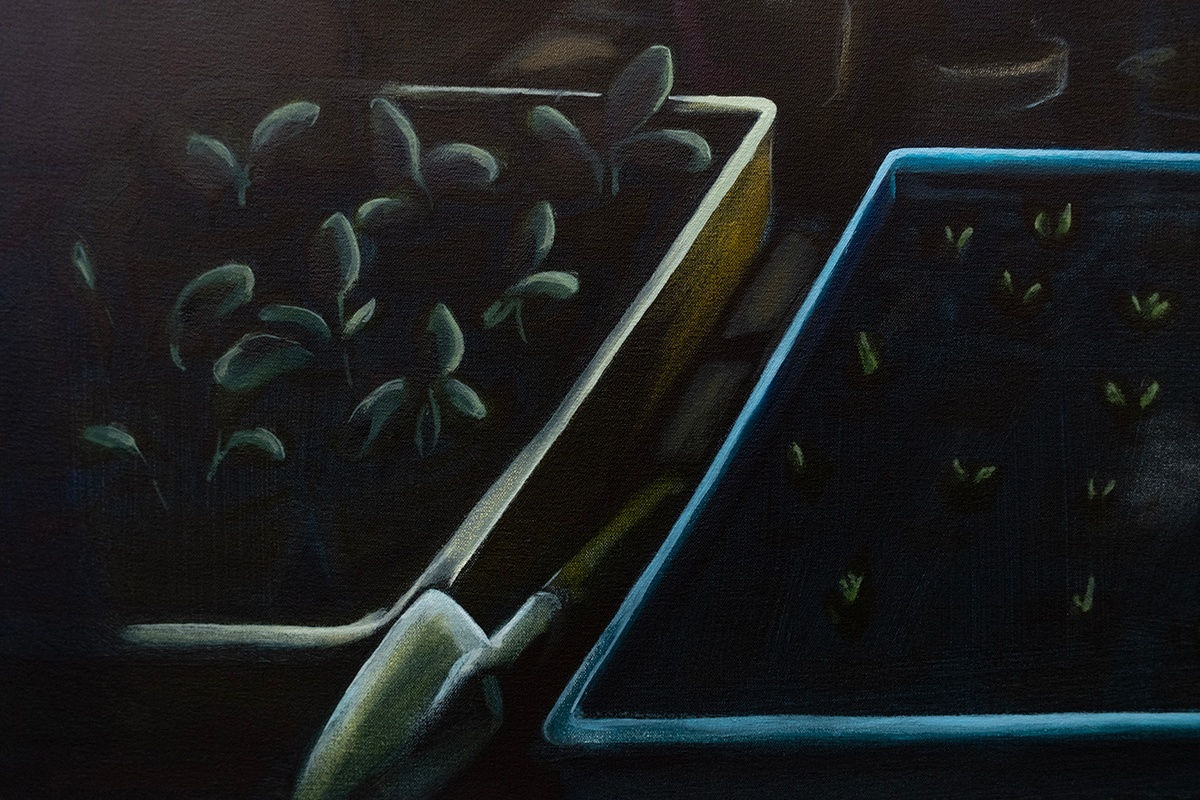 detail of Grace Tobin painting - sprouts in containers in the dark