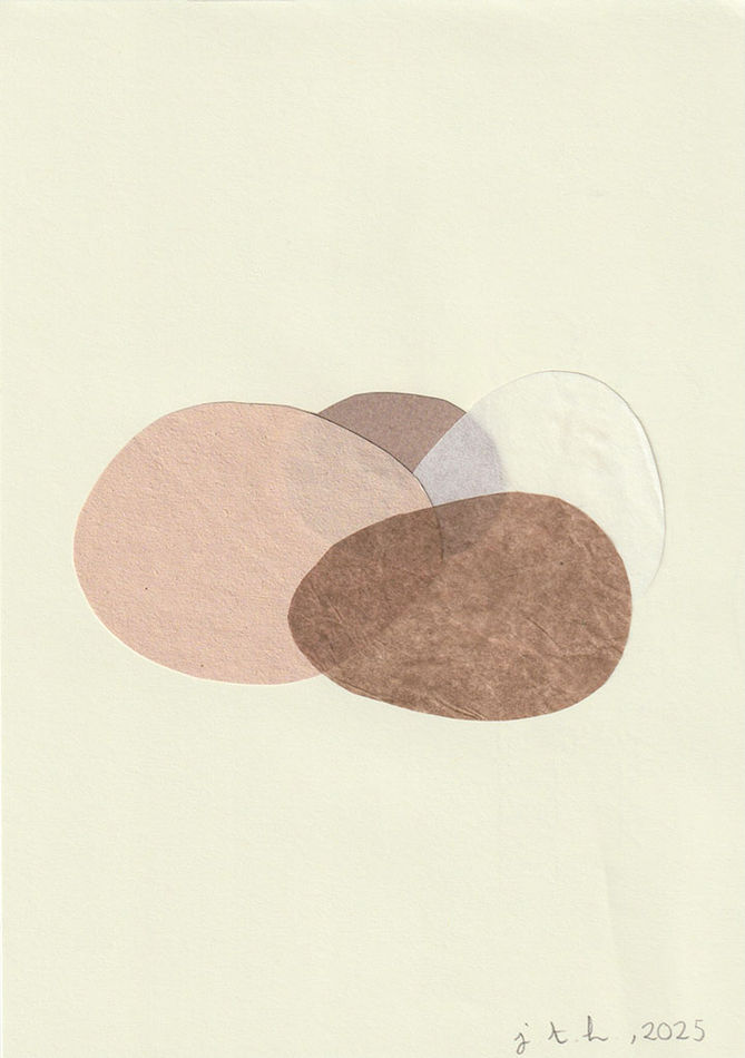 Abstract paper and tape collage with light brown, pink, and yellow circular shapes