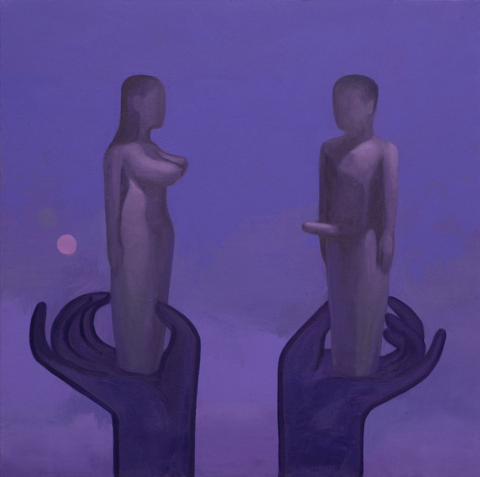 Corey Lamb painting of two nude figures held by hands