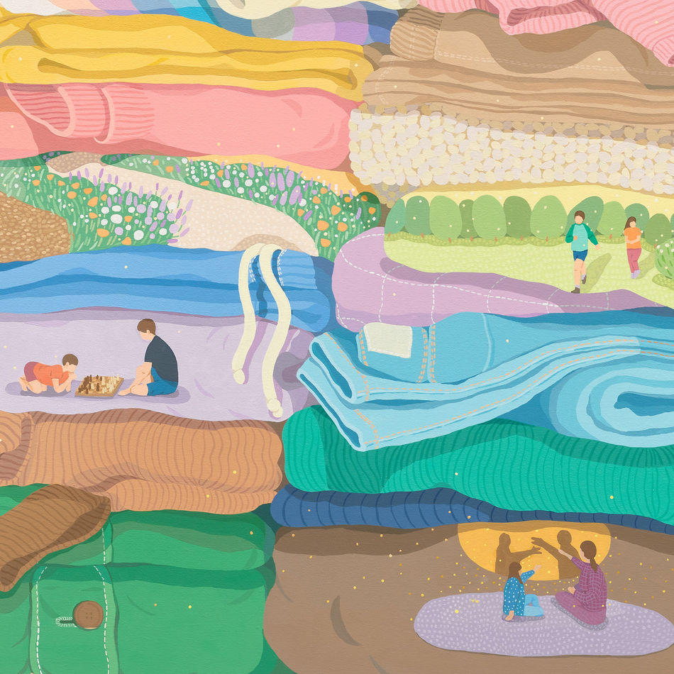 detail photo of a painting of folded laundry with scenes hidden in them